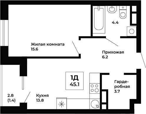 Планировка 1-к.кв, 45,1 м² в ЖК Космос